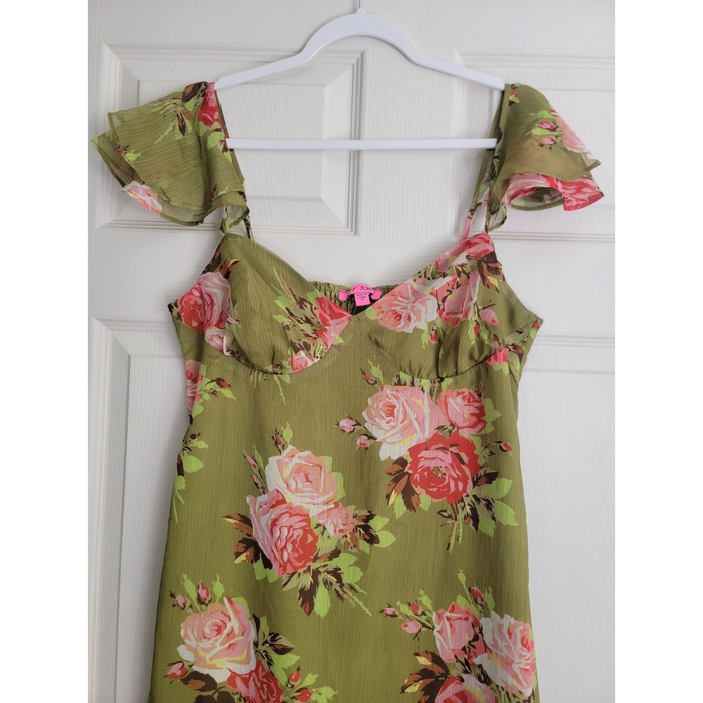 Betsey Johnson Green Floral Ruffle Smocked Midi Dress Medium Y2K Classic - Picture 3 of 11